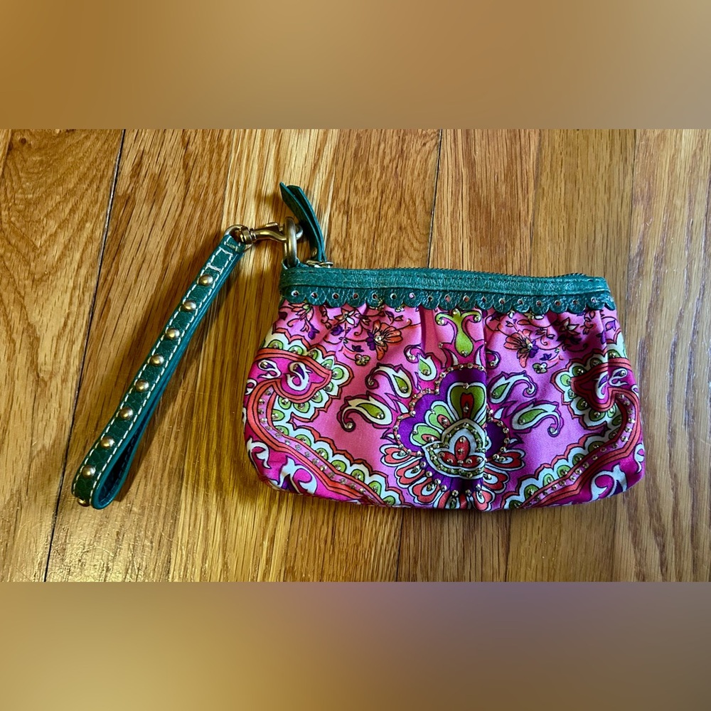 Isabella Fiore Vibrant Pink Floral Wristlet with Green Lining